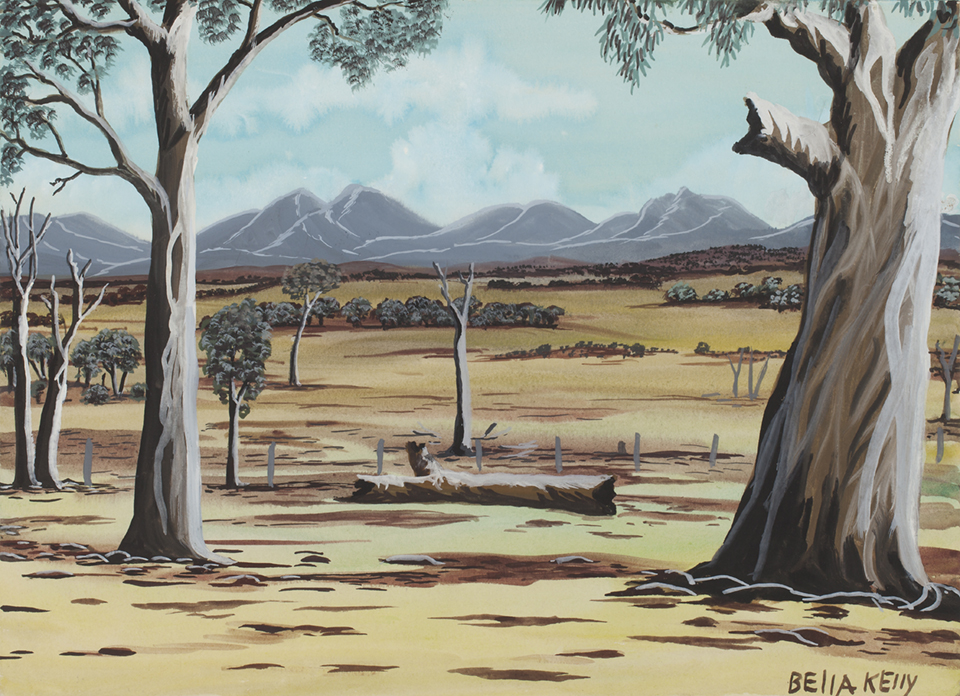 Bella Kelly
Landscape (with mountains) c 1960
watercolour and gouache on paper
27.3 x 37.5 cm
City of Albany Collection, Photo: Bo Wong
© Estate of Bella Kelly
