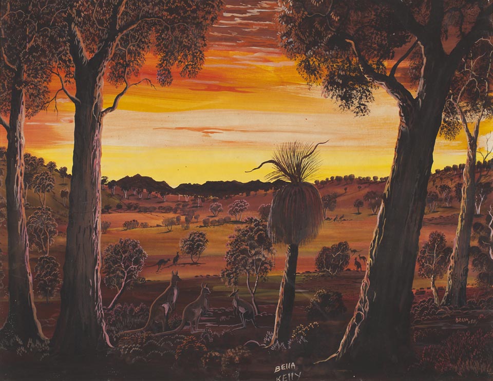 Bella Kelly
Landscape (sunrise over the Stirlings) c 1970s
acrylic on board
48.3 x 62.5 cm
Collection of Trevor Garland, Photo: Bo Wong
© Estate of Bella Kelly