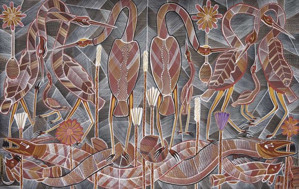 Brolgas with Yingana and Ngalyod, Rainbow Serpents by Edward Blitner