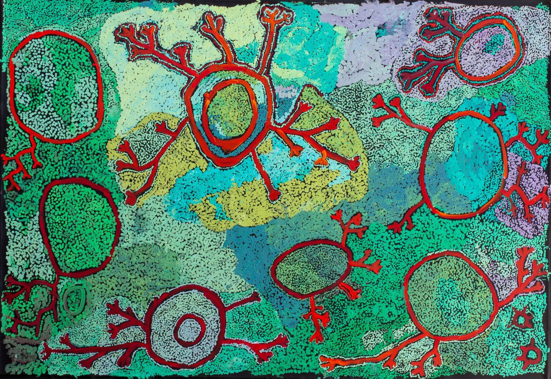 Painting of Spinifex Country by Aboriginal artist Simon Hogan. Green with red shapes indicating places of significance