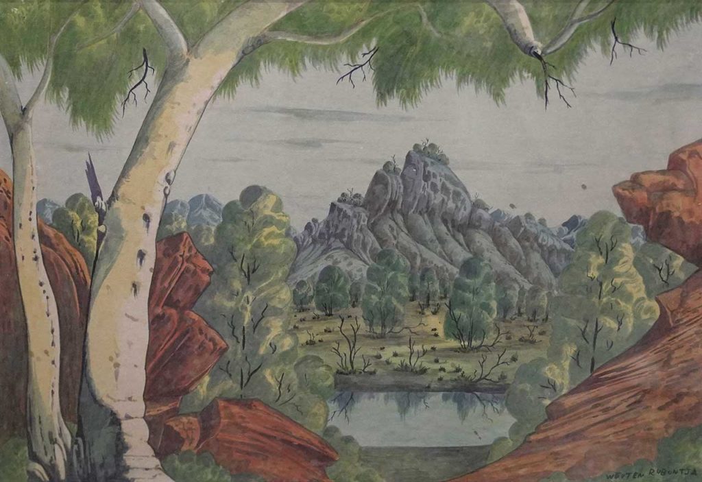Watercolour painting of a waterhole near Papunya